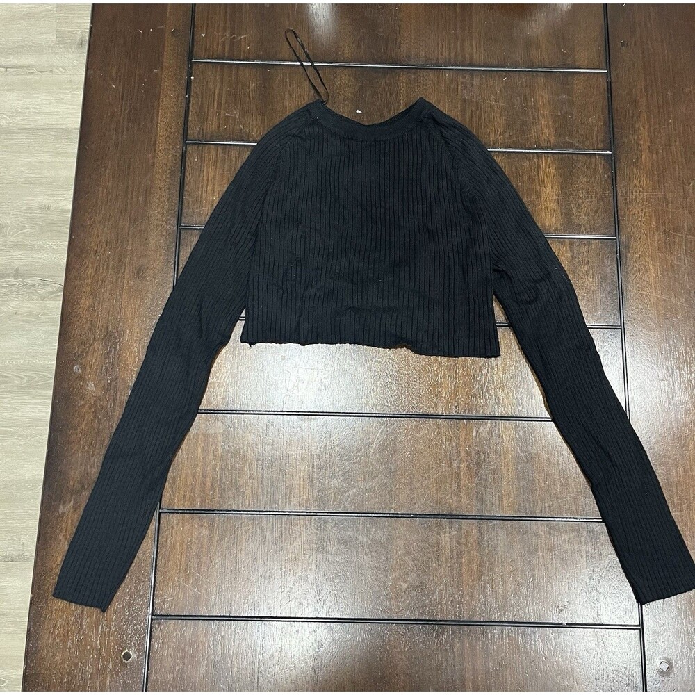 Debut Black Ribbed Crop Top Open Back Twist Women's M/L Cropped Sweater
